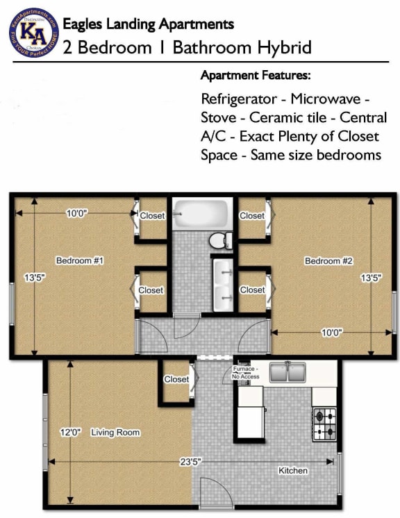 2 Bedroom 1 Bath 730 Sq. Ft Floor Plan image at Eagles Landing Apartments, Integrity Realty, Kent