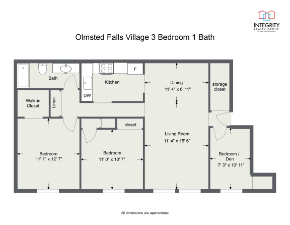 3 Bedroom 1 Bath 1250 Sq. Ft Floor Plan at Integrity Berea Apartments, Integrity Realty LLC, Berea, OH