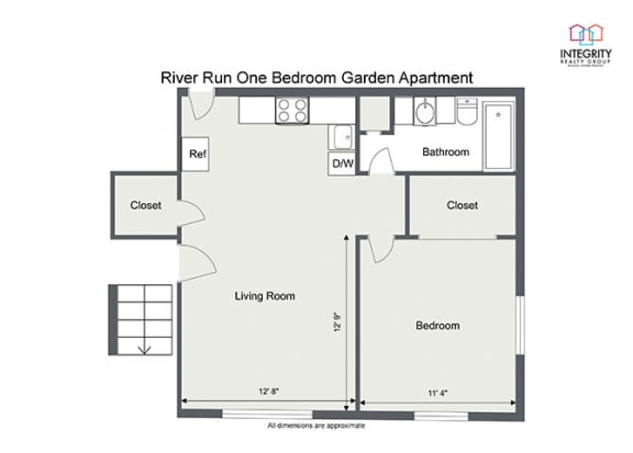 One bedroom One bathroom Floor Plan at River Run Apartments - RYDYL I LLC, Integrity Realty LLC, Warren, OH, 44485