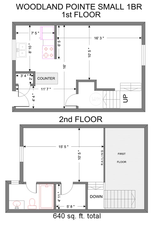 1 Bedroom Small Loft 640 Sq. Ft Floor Plan at Woodland Pointe Apartments and Townhomes, Integrity Realty, Kent, OH, 44240