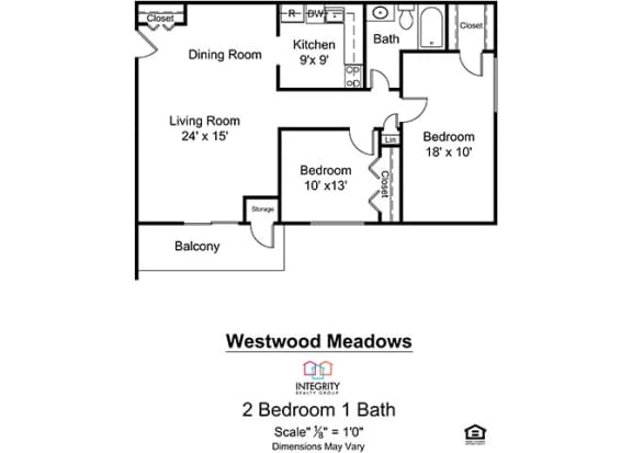 2 Bed 1 Bath Floor Plan at Westwood Meadows - SP Westlake 27825 Detroit Apartments, Integrity Realty LLC, Westlake, 44145