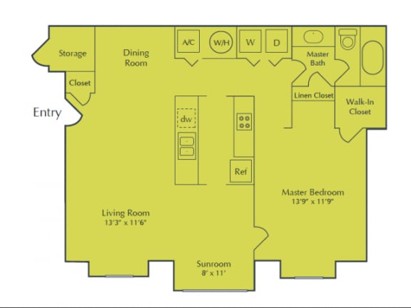 1 Bedroom 1 Bath Floor Plan at Seven Pines, Alpharetta
