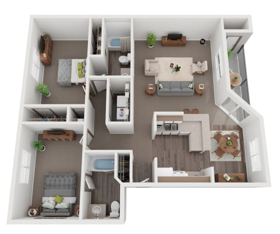 A floor plan of a two bedroom apartment at Sitka Heights in Fife, WA.