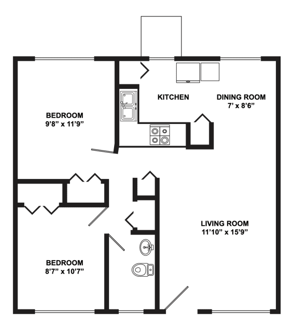 Floor Plan  Bel Aire Court | Two Bedroom One Bathroom 800 square feet