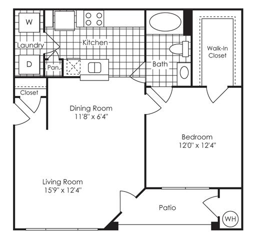 Floor Plan  1-bedroom/1-bathroom floor plan layout with 724 square feet at Evergreens at Mahan apartments for rent in Tallahassee, FL
