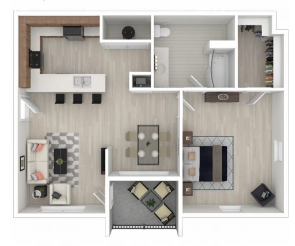 Floor Plan  One-bedroom/one-bathroom floor plan layout with 792 square feet at Reagan Crossing apartments for rent in Covington, LA