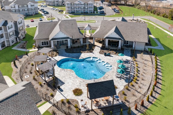 Aerial of The Alexandria swimming pool, sundeck, and clubhouse