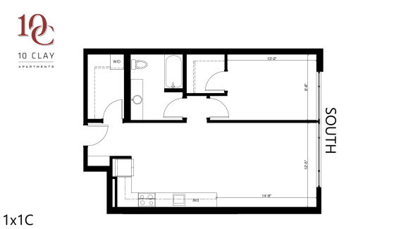 One Bed One Bath Floor Plan at 10 Clay Apartments, Seattle, Washington