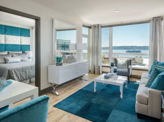 Stunning Apartment View of Puget Sound through Floor to Ceiling Windows at ArtHouse in Seattle, 98121