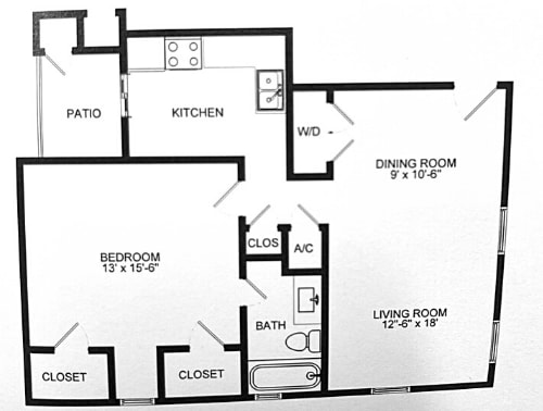 A19 783 Sq.Ft. Floor Plan at Chateaux Dupre Apartments, The Barvin Group, Houston, TX, 77063