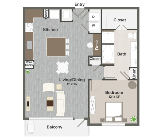 A6 Harvard  905-911 Sq. ft Floor Plan at Revl Heights  Apartments, The Barvin Group, Houston