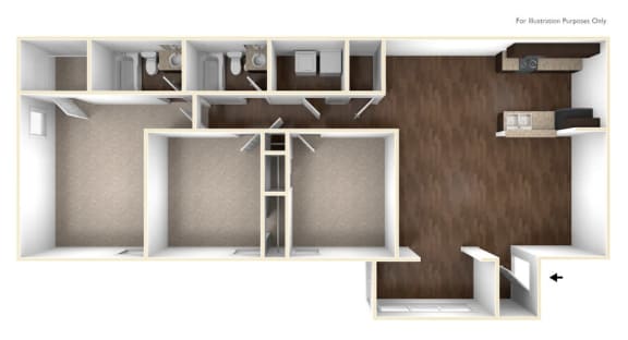 Floor Plan  3 bedroom 2 bathroom floor plan G at 300 Riverside Apartments, Austelll