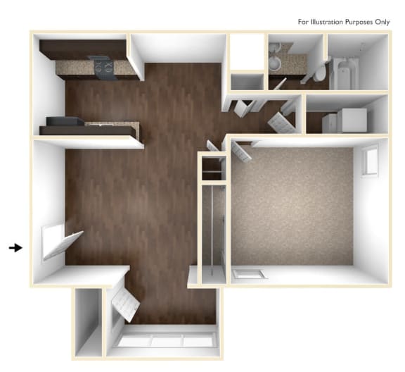 1 bedroom 1 bathroom floor plan A at 300 Riverside Apartments, Austelll, GA, 30168