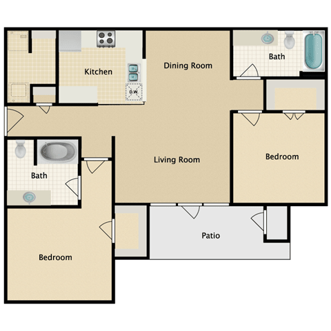 Floor Plan  2 Bedroom Low Income Apartment for Rent Town Parc Tyler TX