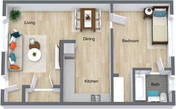 3D floor plan of Willow large- 1 bed 1 bath - GSJ