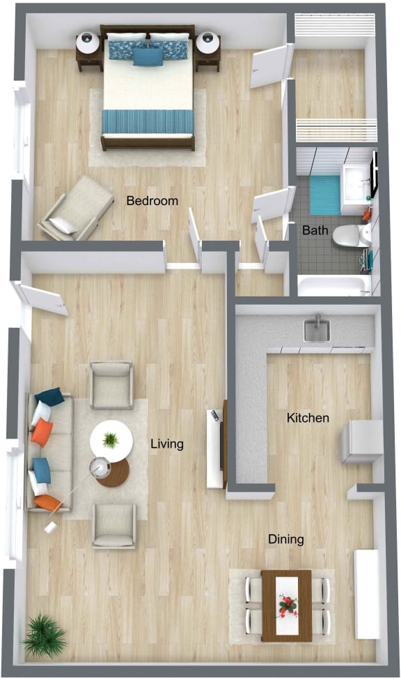 Floor Plan  3D floor plan of Willow small- 1 bed 1 bath - GSJ