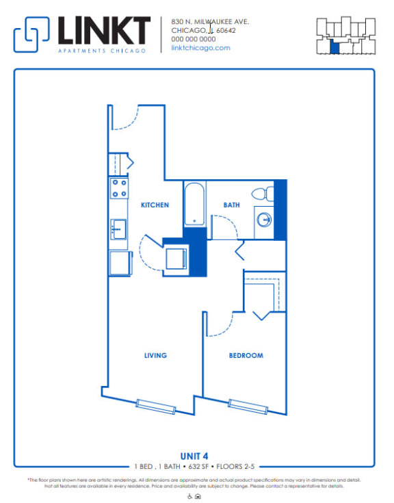 1 Bedroom B 1 Bath Floor Plan at Linkt Apartments, Chicago, IL
