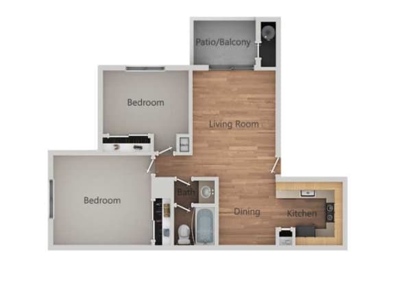2 Bedroom 1 Bath Floor Plan at Bent Tree Apartments, California, 95842