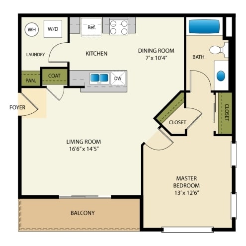 1 Bed 1 Bath Floor Plan at Florentine Villas Apartments, Midvale, UT