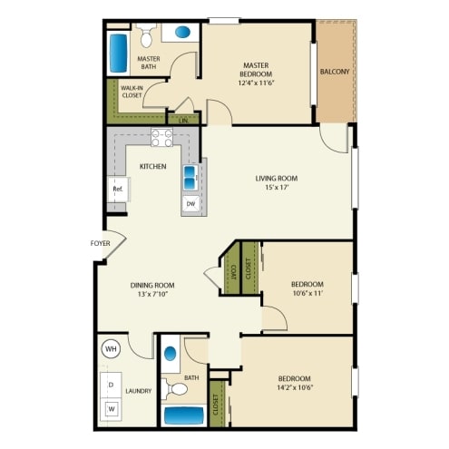 3 Bed 2 Bath Floor Plan at Florentine Villas Apartments, Midvale, Utah