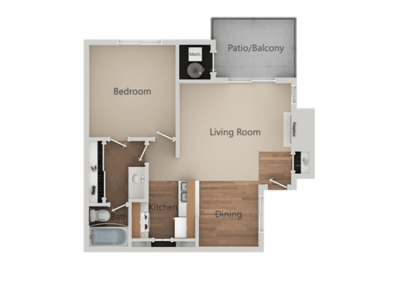 One Bed One Bath Floor Plan at Heron Pointe Apartments &amp; Townhomes, California