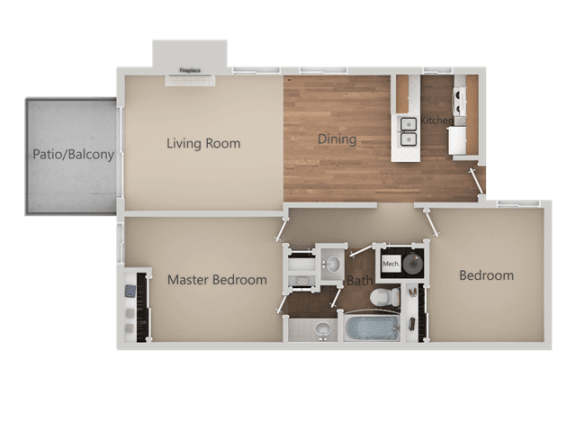 Two Bed One Bath Floor Plan at Heron Pointe Apartments &amp; Townhomes, California, 93711