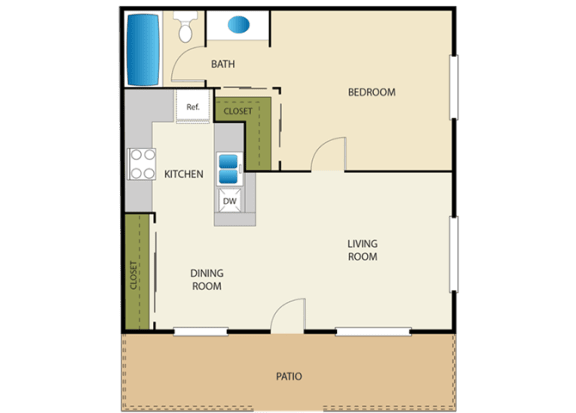 1 Bed 1 Bath Floor Plan at Spring Villa Apartments, California