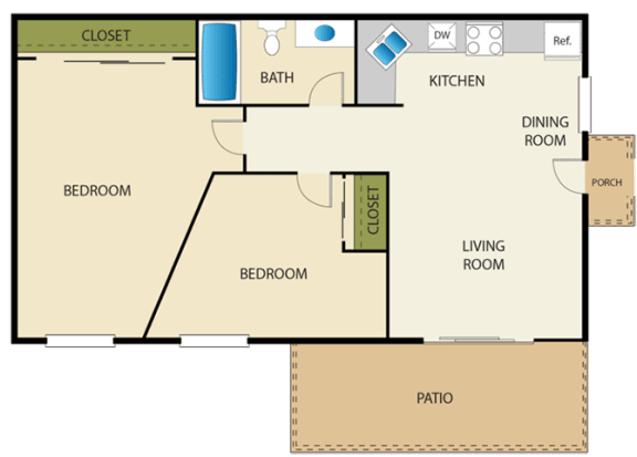 2 Bed 1 Bath Floor Plan at Spring Villa Apartments, California, 91977
