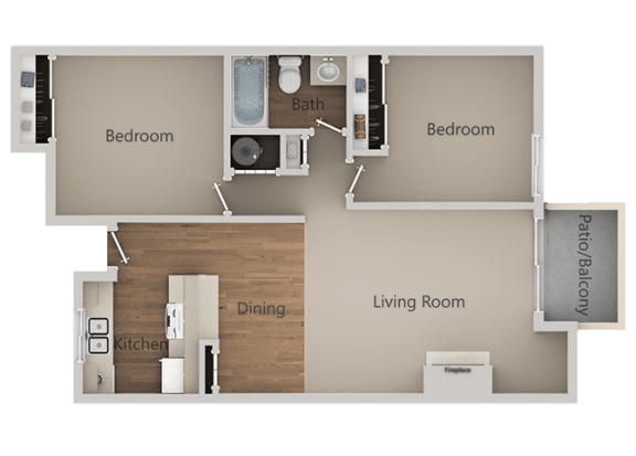 2 Bedroom 1 Bath Floor Plan at River Oaks Apartments &amp; Townhomes, Hanford, California