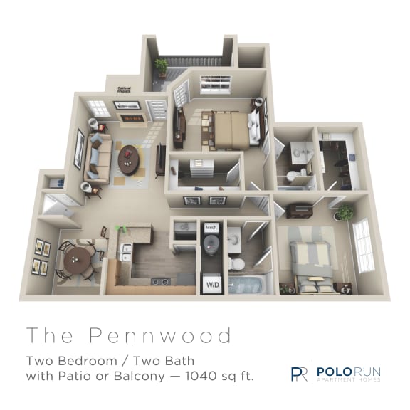 1040 Square-Foot Pennwood Floor Plan at Polo Run Apartments, ZPM, Pennsylvania