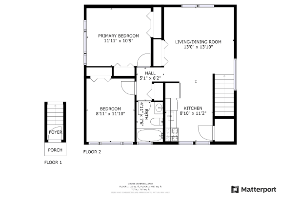 Floor Plan with measurements of the 2 bedroom up stairs apartment home.