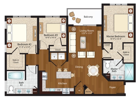 Floor Plan  Three Bedroom Floor Plan at Azura Luxury Apartments in Kendall FL