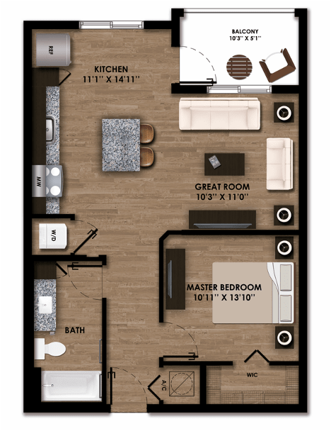 One Bedroom Floor Plan at Boca Vue Luxury Apartments in Boca Raton FL