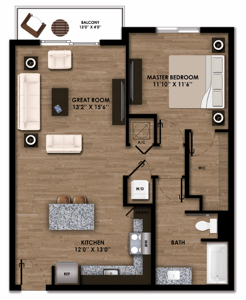 One Bedroom Floor Plan at Boca Vue Luxury Apartments in Boca Raton FL