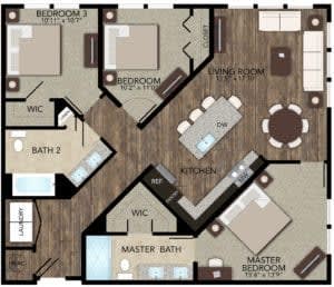Floor Plan  Three Bedroom Floor Plan at Grady Square Luxury Apartments in Tampa FL