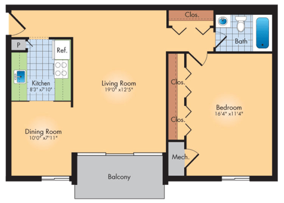 1 bedroom 1 bath floor plan A at Andrews Ridge Apartments, Suitland, Maryland