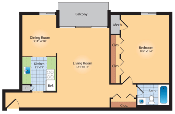 1 bedroom 1 bath floor plan B at Andrews Ridge Apartments, Suitland