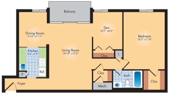 1 bedroom 1 bath floor plan D at Andrews Ridge Apartments, Maryland, 20746