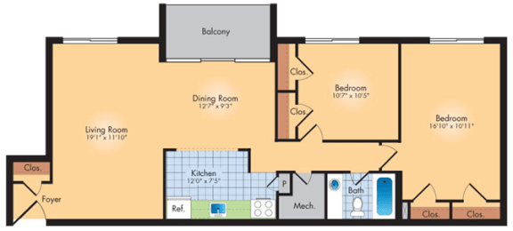 2 bedroom 1 bath floor plan at Andrews Ridge Apartments, Suitland, MD, 20746