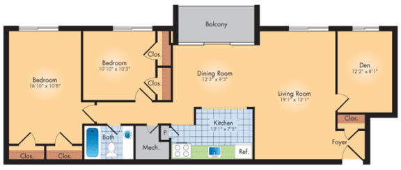 2 bedroom 1 bath floor plan B at Andrews Ridge Apartments, Suitland, 20746