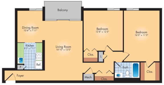 2 bedroom 1 bath floor plan A at Andrews Ridge Apartments, Suitland, MD