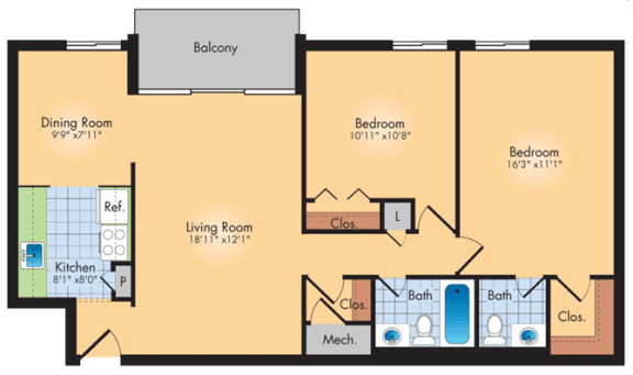 2 bedroom 1 bath floor plan D at Andrews Ridge Apartments, Suitland