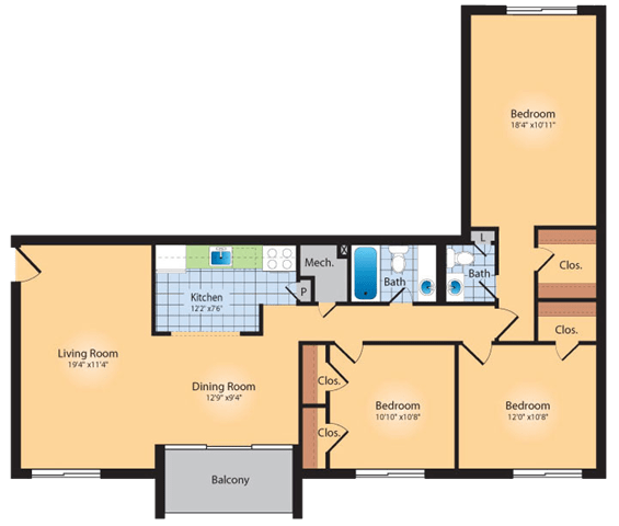 3 bedroom 2 bath floor plan A at Andrews Ridge Apartments, Maryland, 20746