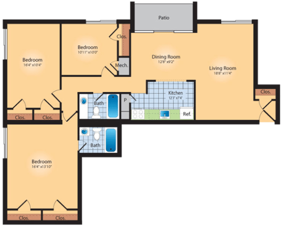 3 bedroom 2 bath floor plan Bat Andrews Ridge Apartments, Suitland, MD, 20746