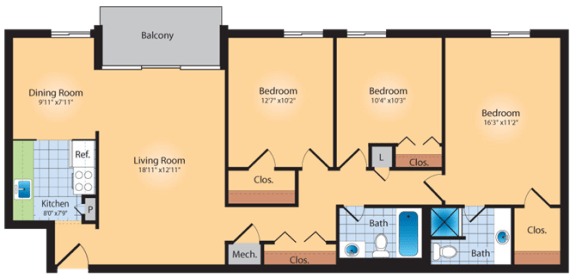 3 bedroom 2 bath floor plan at Andrews Ridge Apartments, Maryland
