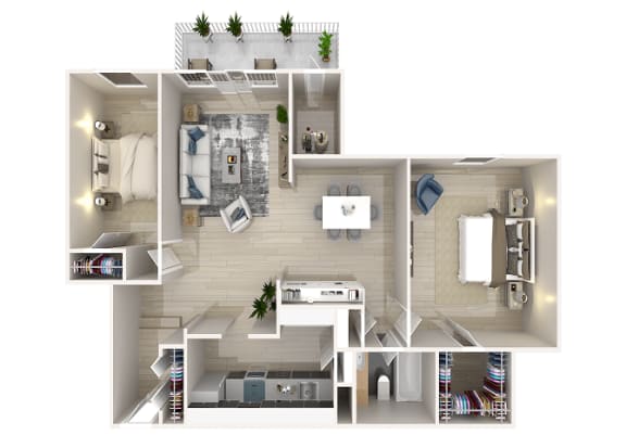 a floor plan of a two bedroom apartment with two bathrooms and a balcony