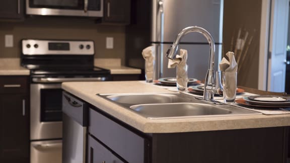 Close up image of stainless steel sink with the oven, microwave, and fridge in the background.