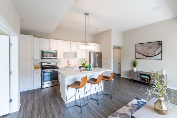 Modern kitchen with a kitchen island, ample storage, and stainless steel appliances.
