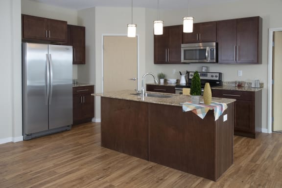 Kitchen with wood cabinets, stainless steel appliances and central kitchen island