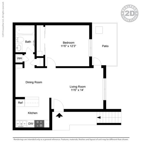 1 bedroom 2d floor plan at Clayton Creek Apartments, Concord, CA, 94521
